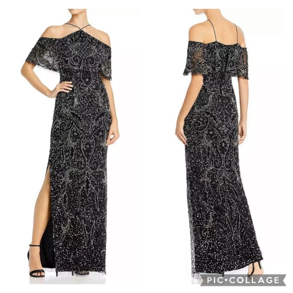 Aidan Mattox cold off shoulder long beaded gown - Picture 1 of 3